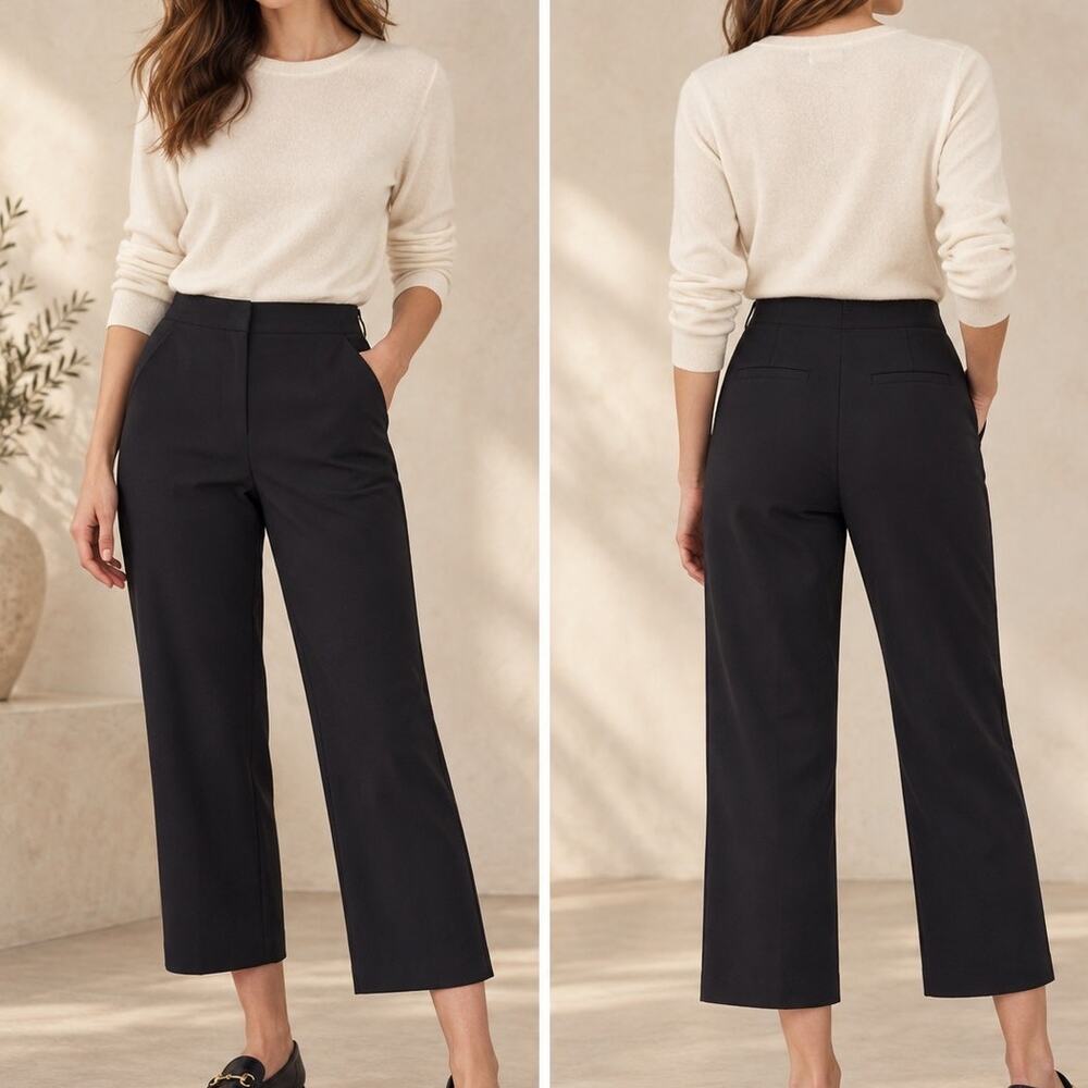 Ecru Black Cropped Flare Pants Size 2 Stretch Side Zip Dress Trousers